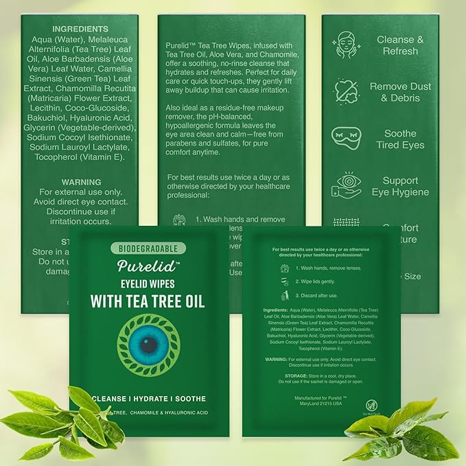 100PCs Tea Tree Eyelid Wipes – Cleaning Eye Wipes for People with Dry Eyes & Allergies – Gentle Eyelid Cleanser with Hyaluronic Acid, Chamomile and Aloe – Individually Wrapped & Biodegradable