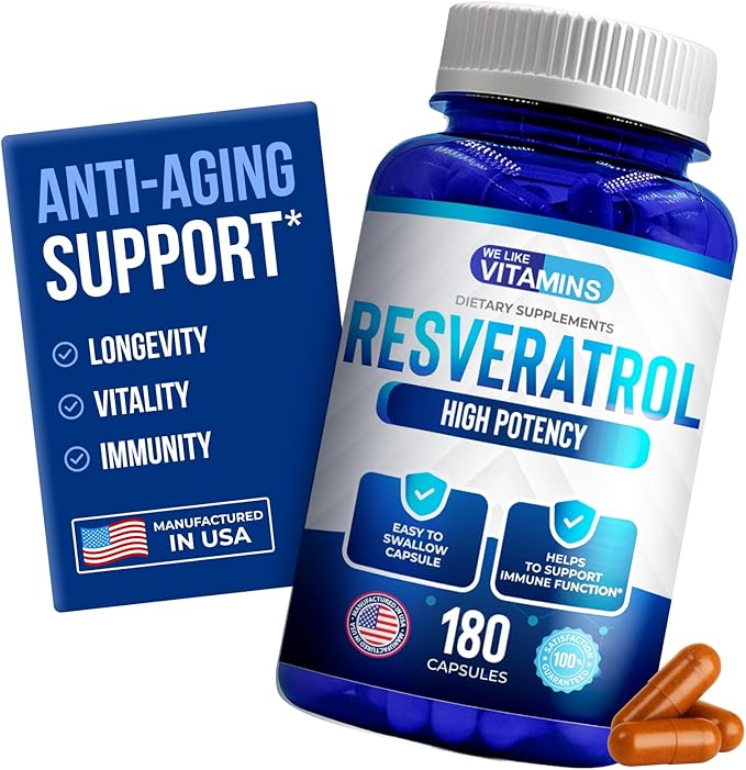 We Like Vitamins Resveratrol 1000mg per Serving - 180 Easy to Swallow Veggie Capsules - Natural Resveratrol Supplement 1000mg - Antioxidant Supplement Helps Support Anti-Aging and Immune System