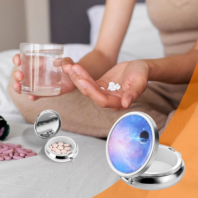WLLHYF Pill Box Cute Small Pill Box for Purse & Pocket Medicine Organizer Travel Pillbox Waterproof Pills Cases Metal Pills Container Holder for Vitamins, Fish Oil, Supplements (Colorful Sky)
