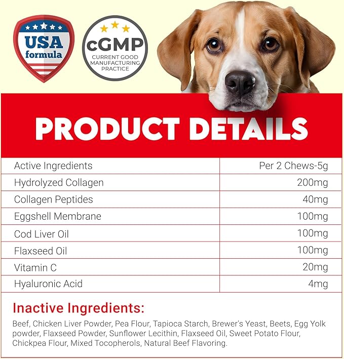 Collagen for Dogs - 150 Chews - Joint, Skin & Coat Supplement with Hyaluronic Acid, Eggshell Membrane & Vitamin C - Daily Hip & Joint Support for Senior Dogs & Puppies - Beef