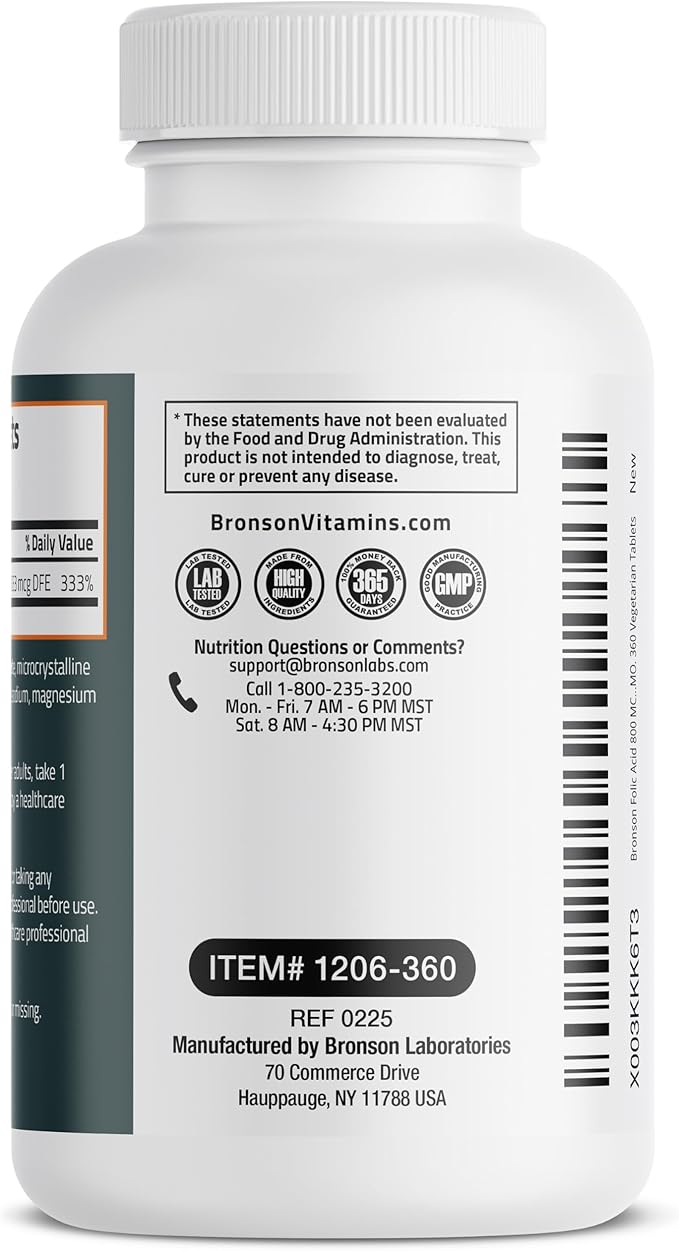 Bronson Folic Acid 800 MCG Supports Prenatal Development, Non-GMO, 360 Tablets