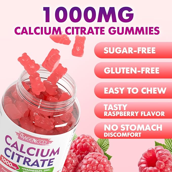 Calcium Citrate Gummies w/Vitamin D3, High Absorption Calcium Supplement for Women & Men, Plus Magnesium, Potassium, Zinc for Muscle & Immune Support, Sugar-Free, Raspberry Flavor, 60 Count