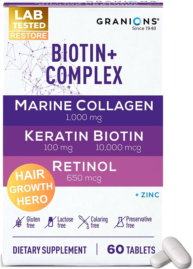 Biotin Collagen Keratin Supplement Hair Growth Tablets – Biotin 10000mcg, Marine Collagen Peptides, Keratin, Retinol, Zinc, Vitamin B6 - Hair, Skin and Nails Complex for Women and Men - 60 Tablets