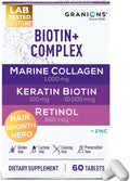 Biotin Collagen Keratin Supplement Hair Growth Tablets – Biotin 10000mcg, Marine Collagen Peptides, Keratin, Retinol, Zinc, Vitamin B6 - Hair, Skin and Nails Complex for Women and Men - 60 Tablets