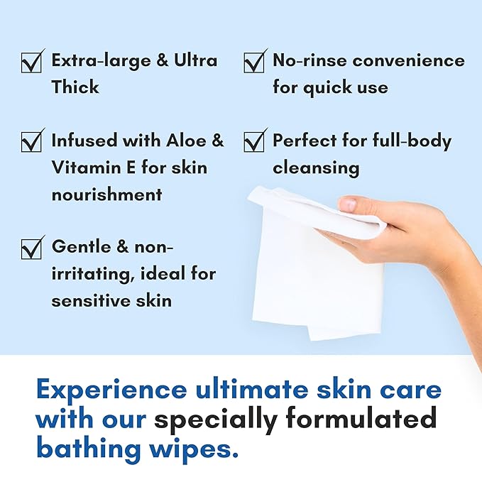 Nurture Rinse Free Bathing Wipes for Adults w/Aloe | Waterless Cleansing for sensitive skin | Disposable Adult Body Bath Wet Wipe for Disabled Bedridden | 64 wipes