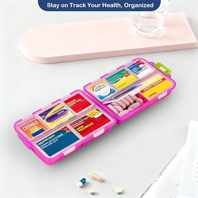 2026 New Extra Large Pill Box with Medicine Labels Travel Essentials Daily Med Container Mini Medication Organizer Storage Organizer Case 7 Day Pill Organizer(Blue+Pink+Purple)