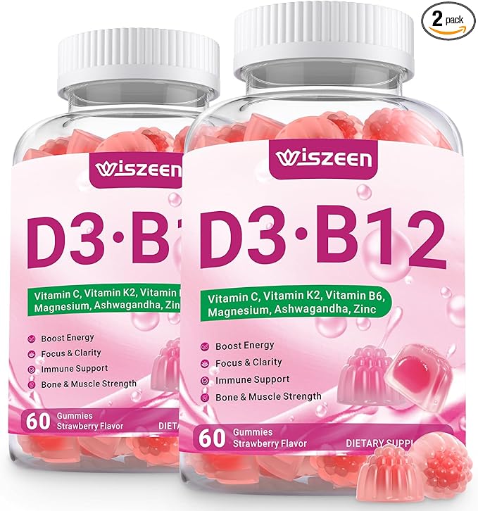 Vitamin D3 B12 Gummies, Vitamin D3 10000 IU & Methylated B12 500mcg for Adults, D3 B12 Vitamin Supplement with Ashwagandha, Magnesium, Vitamin K2 for Immune & Energy Support