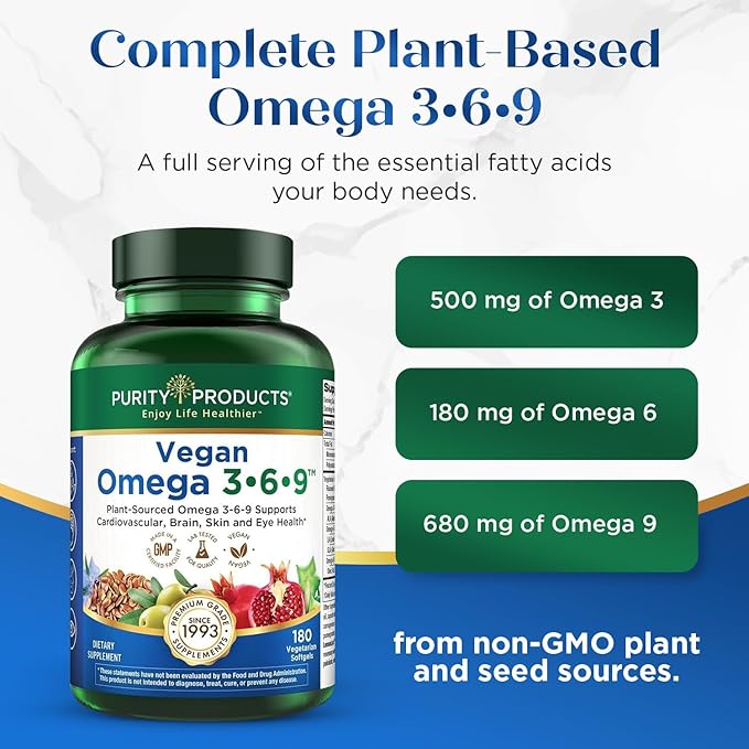 Purity Products Vegan Omega 3 6 9 Formula - “5 in 1” Essential Fatty Acid Complex - Scientifically Formulated Plant-Based Vegan Omega 3-6-9 Essential Fatty Acids (EFA) - 3 Month Supply - 180 Softgels