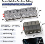 Foldable Weekly Pill Organizer 2 Times a Day with 2 Extra Compartments (Clear Printed Labels) - 7 Day AM PM Medicine Box, Week Daily Travel Pill Case Holder for Vitamin, Supplement - Clear Black