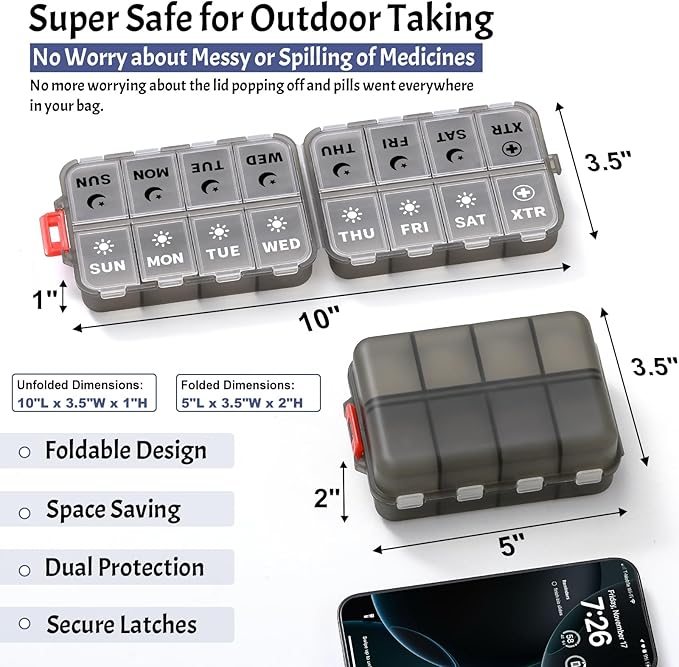 Foldable Weekly Pill Organizer 2 Times a Day with 2 Extra Compartments (Clear Printed Labels) - 7 Day AM PM Medicine Box, Week Daily Travel Pill Case Holder for Vitamin, Supplement - Clear Black