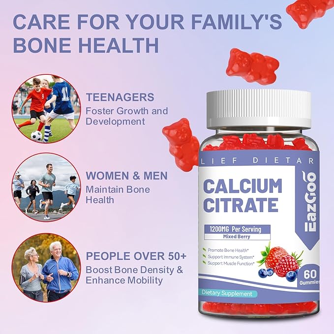 2 Pack Calcium Citrate Gummies, Chewable 1200mg Calcium Gummies for Women & Men, Calcium Supplement for Muscle & Immune Support, High Absorption, Sugar Free, Mixed Berry Flavor, 120 Count