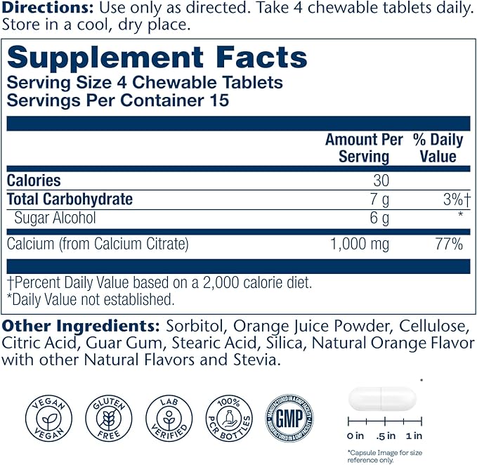 SOLARAY Calcium Citrate 1000mg - Chewable Calcium Supplements for Women and Men - Healthy Teeth and Bone Support - Great, Natural Orange Flavor - Vegan, Gluten Free, 60-Day Guarantee - 15 Servings