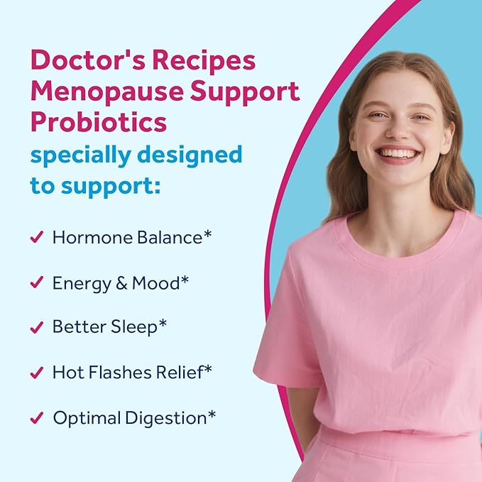 Doctor's Recipes Menopause Probiotic Supplements for Women, Black Cohosh for Menopause Hot Flashes, Probiotics with Ashwagandha, Dong Quai, Supports Energy, 60 Capsules