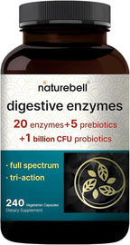 NatureBell Digestive Enzymes - 240 Capsules - Gut & Digestive Health Support Supplement* - with 20 Enzymes, 5 Prebiotics & 10-Strand Probiotic Blend