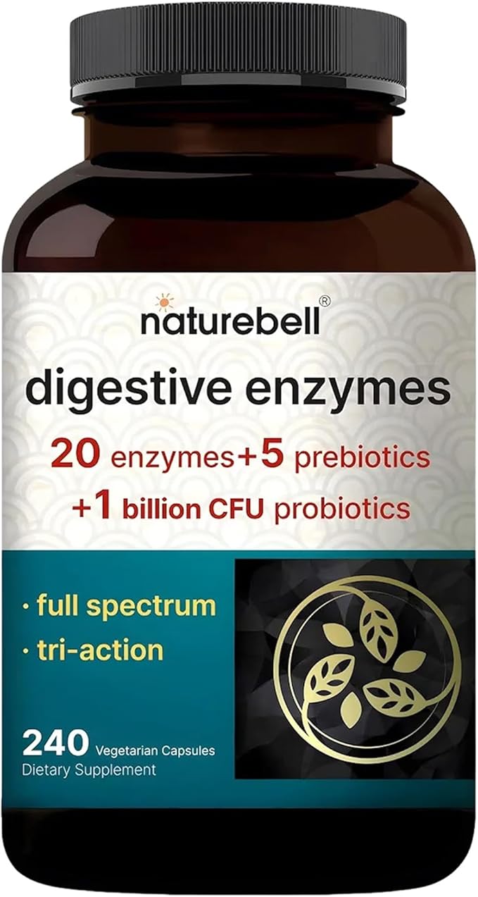 NatureBell Digestive Enzymes - 240 Capsules - Gut & Digestive Health Support Supplement* - with 20 Enzymes, 5 Prebiotics & 10-Strand Probiotic Blend