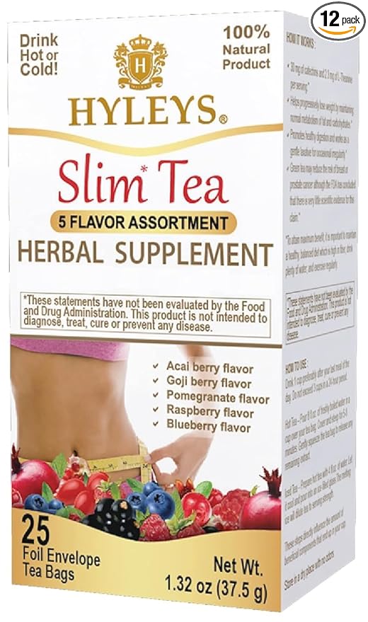 HYLEYS Slim Tea 5 Flavor Assortment - Weight Loss Herbal Supplement Cleanse and Detox - 25 Tea Bags (12 Pack) - Assorted Tea Variety Pack