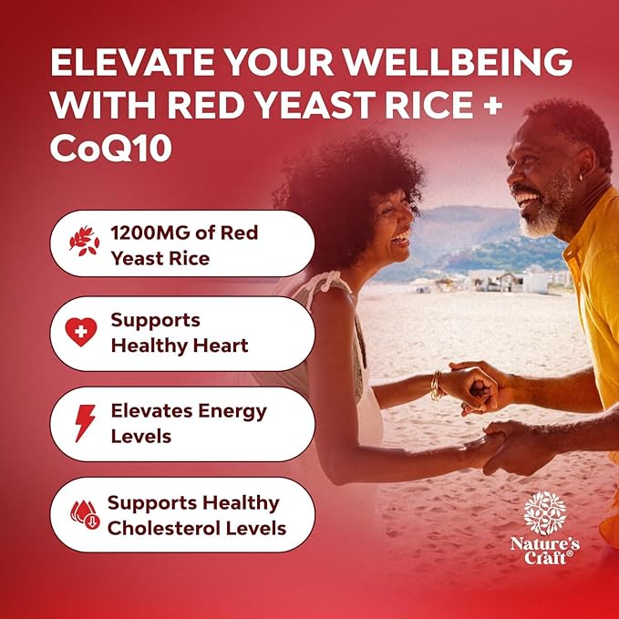 Red Yeast Rice with CoQ10 Supplement - Advanced Healthy Heart & Healthy Cholesterol Levels Formula for Men & Women - Red Yeast Rice Capsules with 1200mg per Serving and CoQ10-240 Count