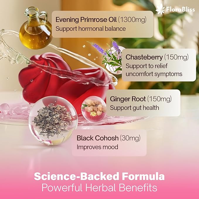 FloraBliss 120 Evening Primrose Oil Gummies | 1500mg | with Black Cohosh, Chasteberry, Ginger Extract for Daily Women's Wellness Support | Vegan, Non-GMO, Sugar-Free