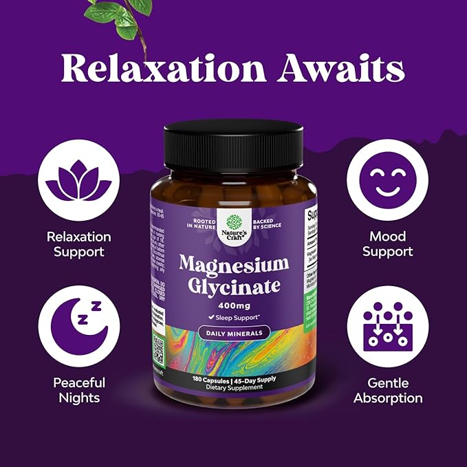 Pure Magnesium Glycinate Supplement 400mg Per Serving - Vegan High Absorption Chelated Magnesium Capsules for Women & Men with Elemental 400mg for Mood Sleep and Relaxation Support - 180 Count
