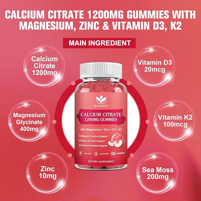 Calcium Citrate 1200mg Gummies with Vitamin D3, K2 - Chewable Calcium Magnesium Zinc d3 Supplement with Sea Moss Extract for Bone, Teeth, Immune Support for Women & Men, Peach Flavor-60 Gummies(2Pack)