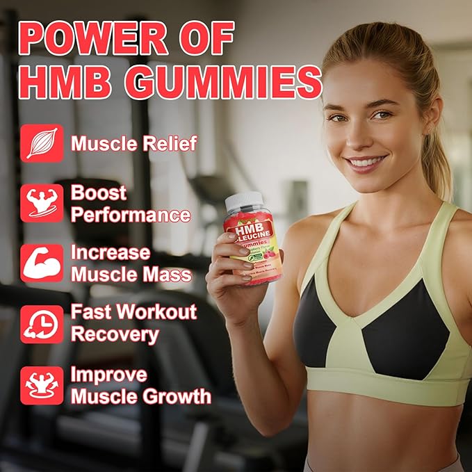 2 Pack HMB and L-Leucine Gummies, HMB and Leucine for Muscle Growth, Muscle Relief, for Men & Women, Vegan, Sugar-Free, Raspberry Flavor, 120 Count