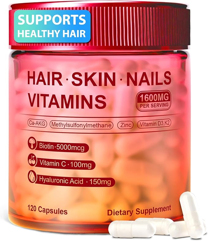 Hair Skin and Nails Vitamins – Biotin, Hyaluronic Acid, Calcium AKG, Vitamin C & Vitamin D3 K2 – Support Healthy Hair Growth, Strong Nails & Radiant Skin - 120 Capsules (1 Pack)
