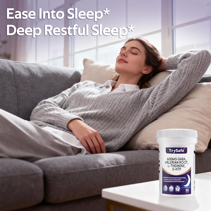 600mg GABA Sleep Aid* for Adults with 200mg Valerian Root, 100mg L-theanine, 60mg 5-HTP | Helps The Body Ease Into Sleep* & Maintain Deep Restful Sleep*, 60 Capsules, 30 Day Supply