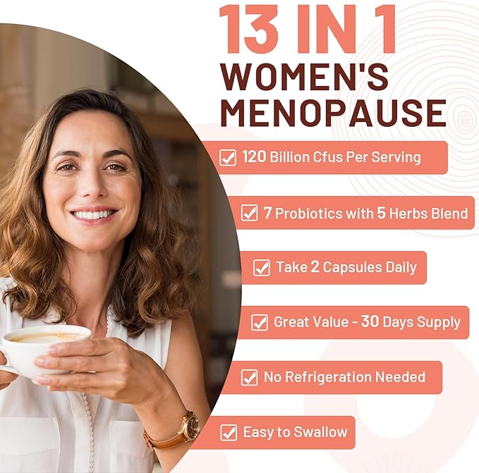 Menopause supplements for women, 120 Billion CFU Probiotic, 13-in-1 Herbs & Botanicals Complex, for Hormone Menopause, Hot Flashes, Night Sweats, Mood Swings, Sleep Disturbances, Vegan, 60 Capsules