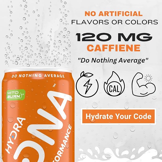 HYDRADNA- Clean Performance Drink, Zero Sugar | For Natural Fuel, Alertness, Boost, Stamina,120 mg Organic Caffeine, Natural Flavors, Zero Sucralose, Clean Ingredients (12 Pack) (12 Pack, Peach)