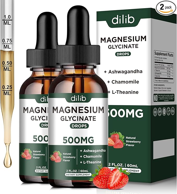 Magnesium Glycinate Liquid Drops Supplement, with Magnesium Glycinate 500mg Ashwagandha, L - Theanine, Chamomile -Support Stress Relief, Bone, Muscle, Mood Strawberry Flavor 2Pack