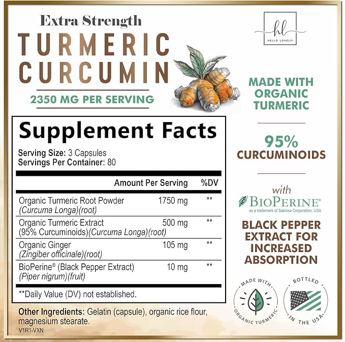 Turmeric Curcumin Supplement with 95% Curcuminoids, Organic Turmeric & Ginger 1750mg, BioPerine Black Pepper for Best Absorption, Nature's Vegan Joint Support, Non-GMO, Bottled in USA - 240 Capsules