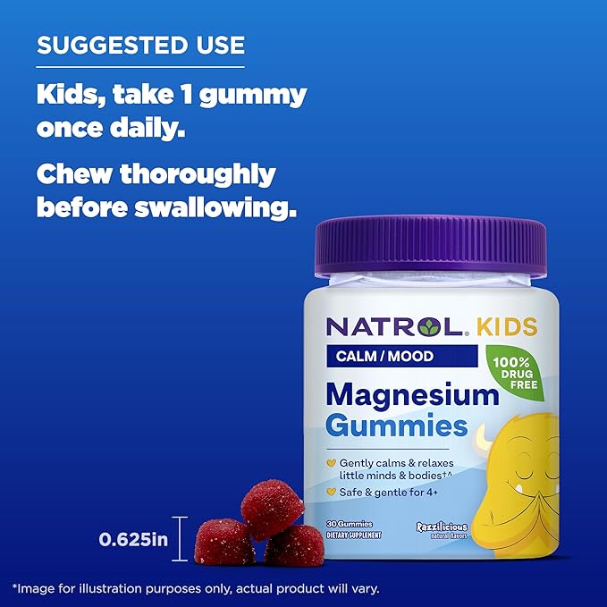 Natrol Kids Magnesium Citrate Gummies, Gently Calm & Relax Little Minds and Bodies, Plus Support Healthy Muscle Relaxation and Function, 30 Razzilicious Gummies, Up to a 30 Day Supply, (Pack of 2)