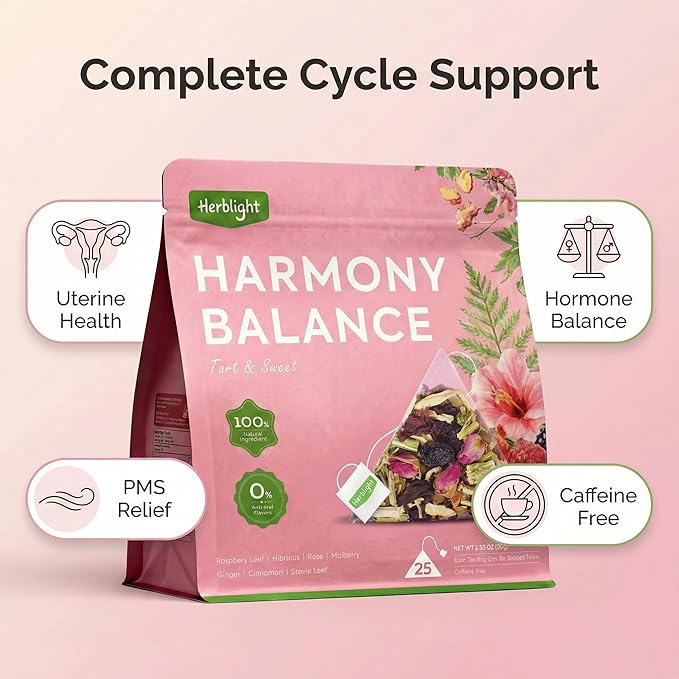 Herblight Harmony Balance Tea with Red Raspberry Leaf, Rose & Ginger - Caffeine-Free Herbal Blend for Women's Cycle Support & Monthly Comfort - Premium Whole Leaf Tea (25 Pyramid Bags)