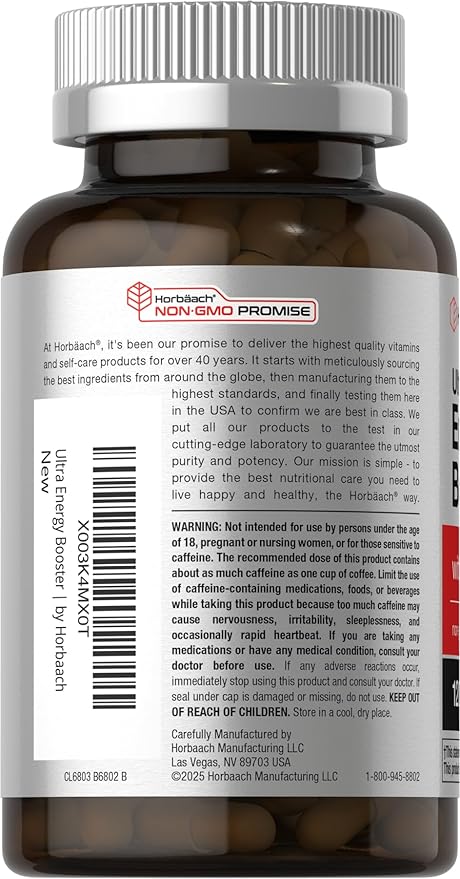 Horbäach Energy Supplement | 120 Capsules | with Caffeine, Ginseng & Vitamin B12 | Daily Energy Booster Pills | Non-GMO, Gluten Free