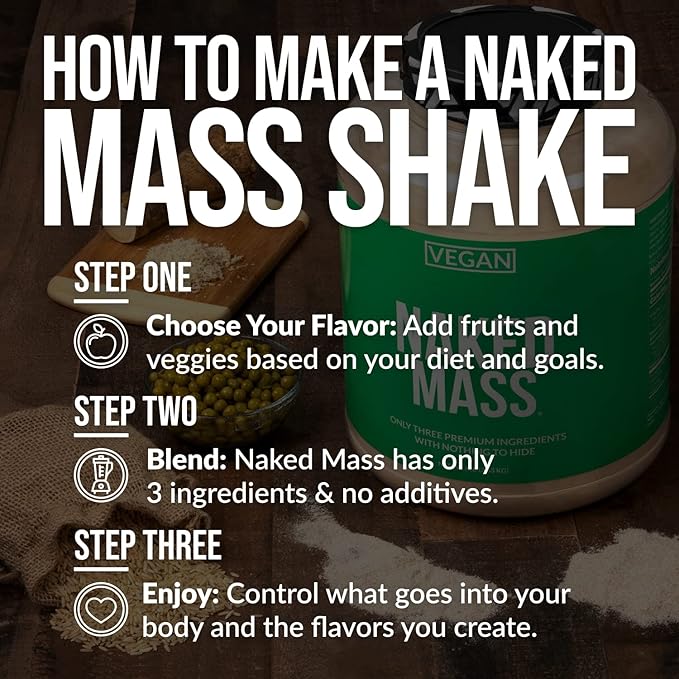 NAKED Vegan Mass - Natural Vegan Weight Gainer Protein Powder - 1,230 Calories, NSF Certified, Non-GMO, Soy & Gluten Free, No Artificial Ingredients - 8LB Bulk - 11 Servings