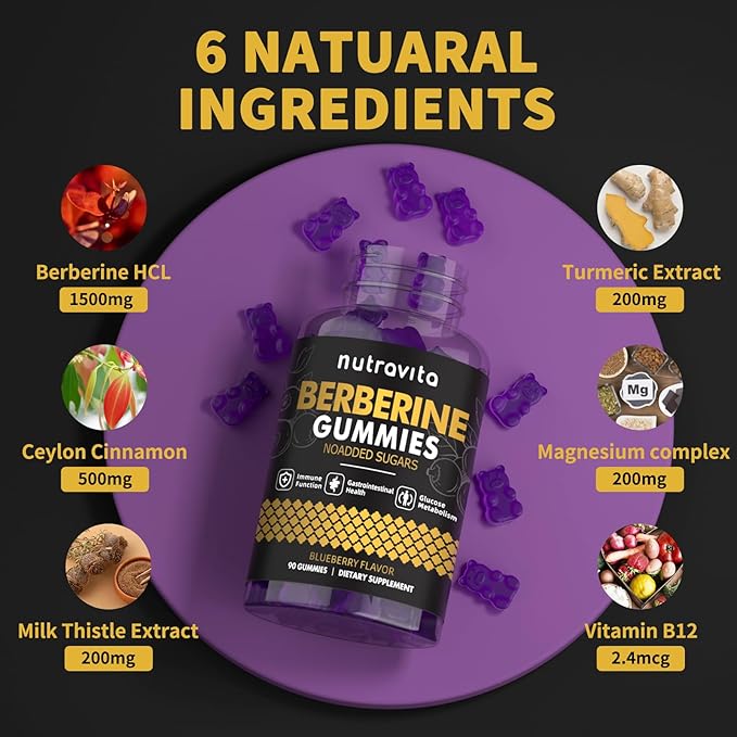 Nutravita Berberine Gummies with Ceylon Cinnamon 1500mg High Potency Berberine HCL Supplement for Immune and Metabolism Support, Sugar Free Organic Berberine Gummies Blueberry Flavor-1PACK
