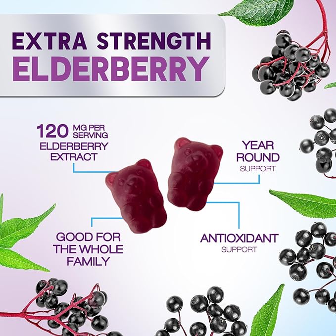 Elderberry Immune Support Gummies - Elderberry Extract Sambucus Nigra - Black Elder Berry Vitamin Supplement - Natural, Daily Immune Support Kids & Adults Love - Delicious Berry Flavor - 60 Gummies