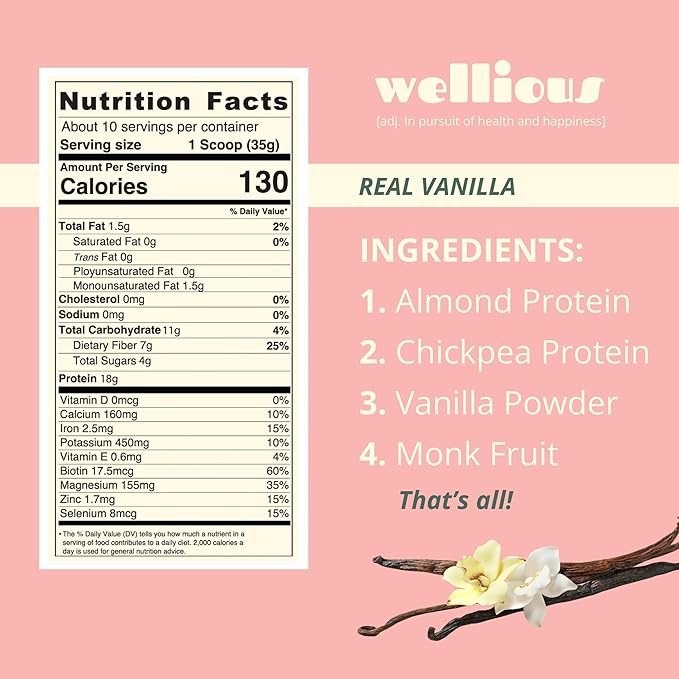 wellious Almond Protein Powder (Vanilla) - 18 Grams of Pure Healthiest Vegan Protein for Women & Men - Perfect Soy-Free & Smooth Gut Friendly Protein Powder for Sports Nutrition