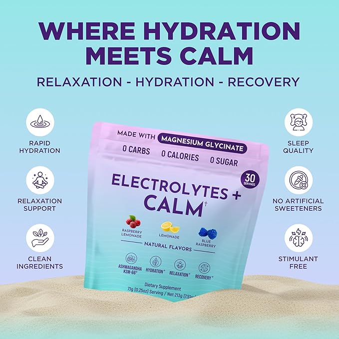 Keto Vitals Calm Magnesium Powder Packets Plus Electrolytes - Calming Drink Mix for Sleep - Natural Magnesium Glycinate Supplement with Ashwagandha KSM 66, L Theanine & Vitamin D - 30 Servings