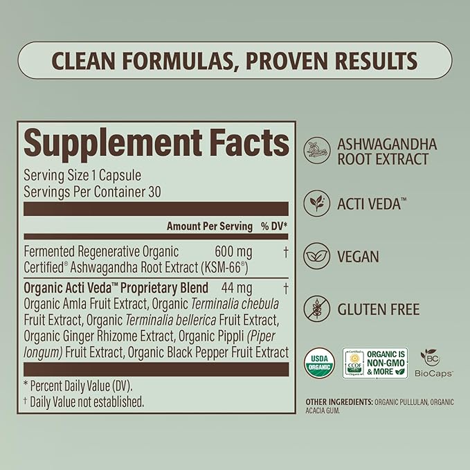 Regenerative Fermented KSM-66 Ashwagandha Vegan Capsules with Acti Veda™ (600mg, 30 Servings), Up to 150% More Effective Than KSM-66 Alone