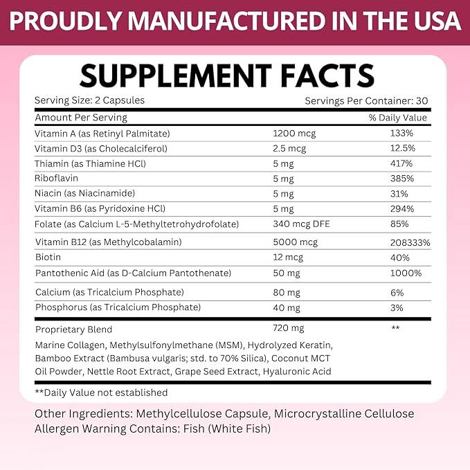 B12 with Hyaluronic Acid, Collagen and Folate – 25000 mcg B12 Complex | Maximize Absorption & Energy | Gluten Free USA Made, B1, B2, B3, B6, B7, B12 vitamins 5000 mcg Methylcobalamin - 60 Capsules