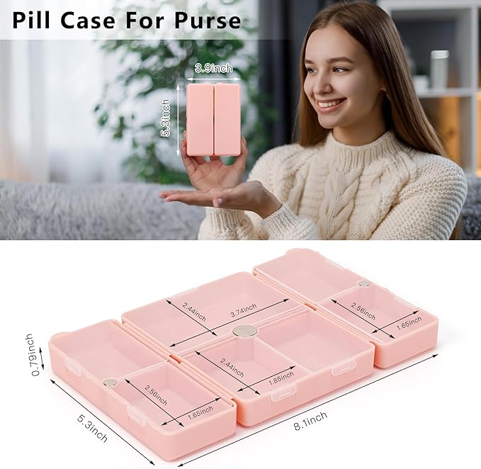 FYY Daily Pill Organizer,7 Compartments Portable Travel Pill Case [Folding Design] Pill Box for Purse Pocket to Hold Vitamins,Cod Liver Oil,Supplements and Medication-Rosegold