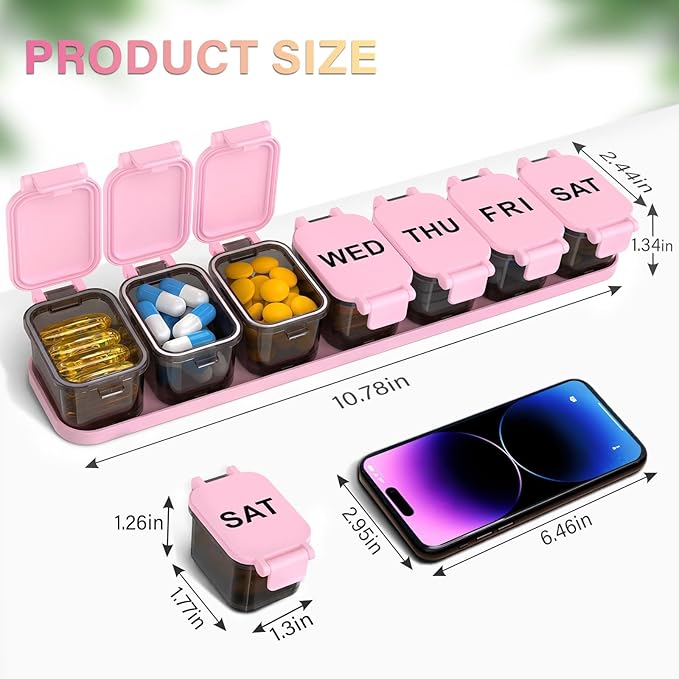 Extra Large Weekly Pill Organizer - XL Vitamin Holder with 7 Detachable Compartments, Portable Medicine Pill Organizer for Supplements, Daily Pill Case for Home and Travel,Pink