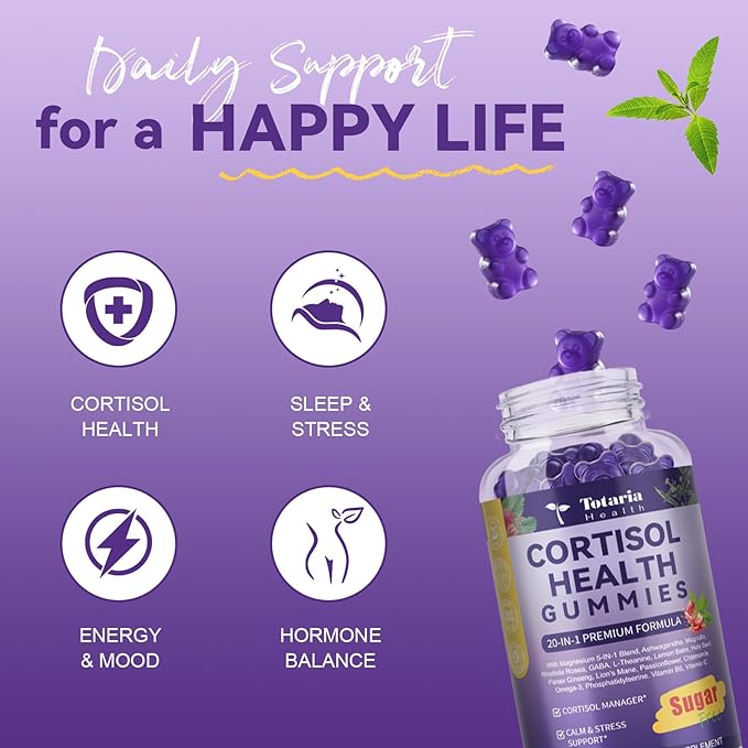 2 Bottles Cortisol Supplements for Women & Men 20-in-1 Cortisol Gummies with Ashwagandha Rhodiola Rosea Magnesium Phosphatidylserine Calm Focus Mood Support Healthy Cortisol Levels 30 Day Supply