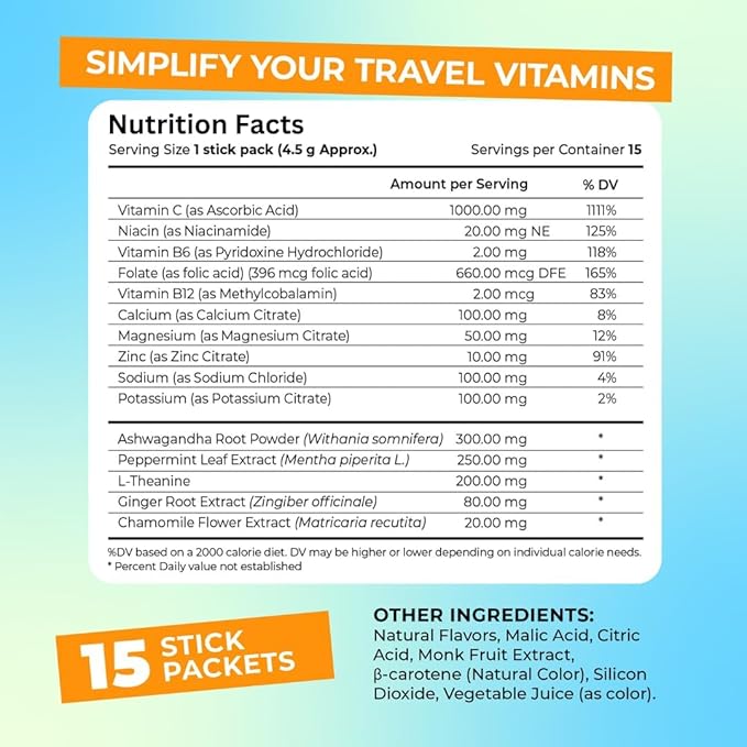 Travel Vitamin Tonic for Flight, Jet Lag, Hydration, Circulation, Digestion & Immune Support, Promotes Calmness, Electrolyte Powder, Travel Essentials, Lemon Lime, 15 Sticks