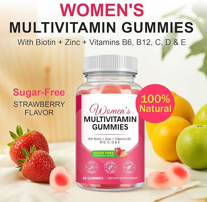 Multivitamin for Women, Womens Multivitamin Gummies with Minerals, Biotin + Zinc + Vitamins B6, B12, C, D & E,100% Natural Strawberry Flavor,No Sugar,60 Gummies