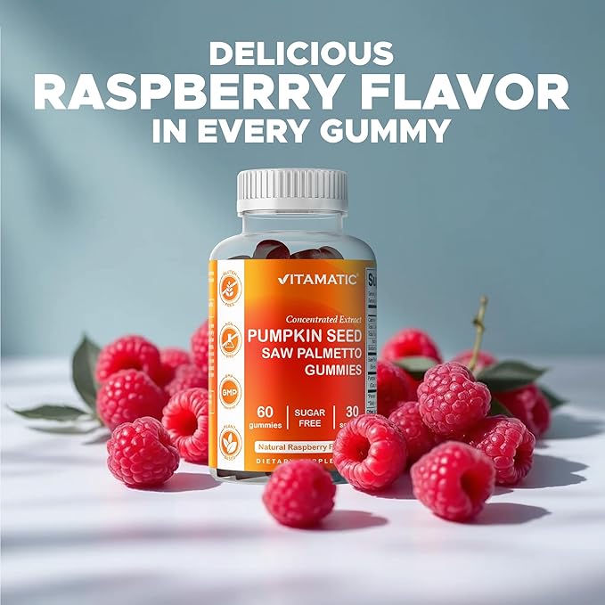 Vitamatic Pumpkin Seed 20:1 Extract & Saw Palmetto 10:1 Extract Gummies – Sugar-Free Botanical Extract – Natural Raspberry Flavor – Vegan, Non-GMO, Plant-Based Gummies – 60 Count - 2 Pack (120 Count)