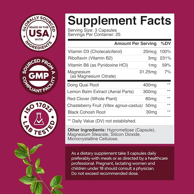 Complete Herbal Menopause Supplement for Women - Soy Free Female Hormone Balance Capsules for Night Sweats Hot Flashes & Mood Swings with Dong Quai, Chaste Berry & Black Cohosh Root - 75 Count