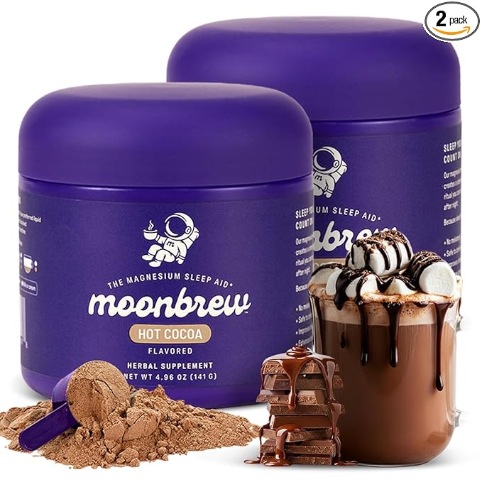 MoonBrew Nighttime Magnesium Hot Cocoa, Natural Sleep Aid Drink Mix for Adults, 2-Pack - Calming Melatonin-Free Sleep Support - Sleepy Hot Chocolate Powder with L-Theanine, Chamomile & Zinc Glycinate