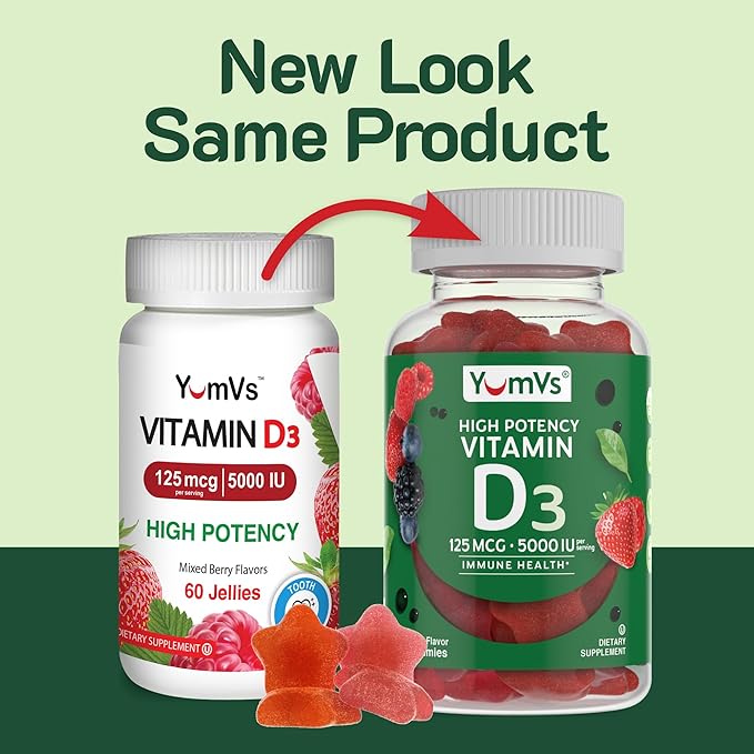 YUM-V'S Vitamin D3 Gummies 5000 IU 125mcg D3 Gummies - Support Immune Support, Strong Bone Health - Non-GMO, Gluten-Free, Dairy-Free, Vitamin D Gummy (60 Count)